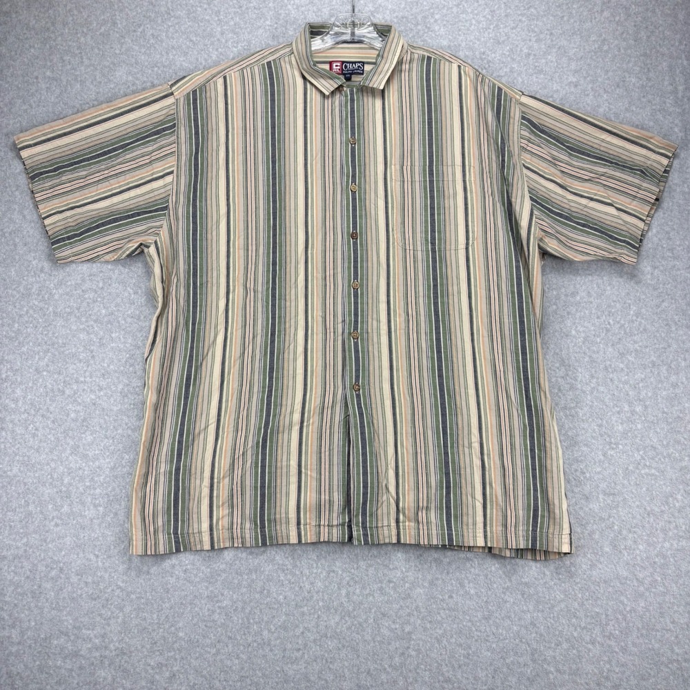 Chaps Button Down Shirt Mens L Green Striped Short Sleeve Cotton Casual Vintage
